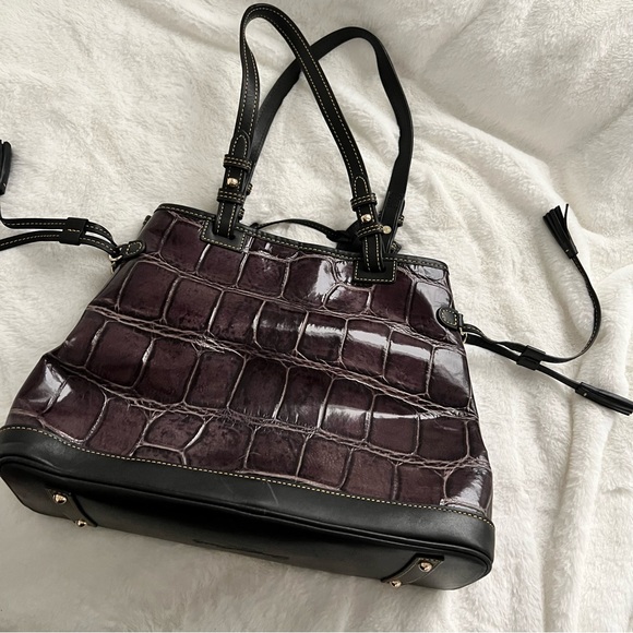 Dooney and Bourke Croco Purple Embossed Double Strapped Tassel Bag - Picture 9 of 13